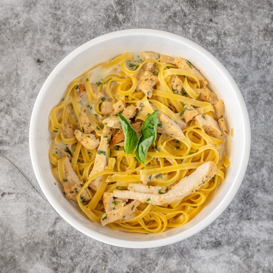 Creamy fettuccine Alfredo with grilled chicken and fresh basil in a white bowl.