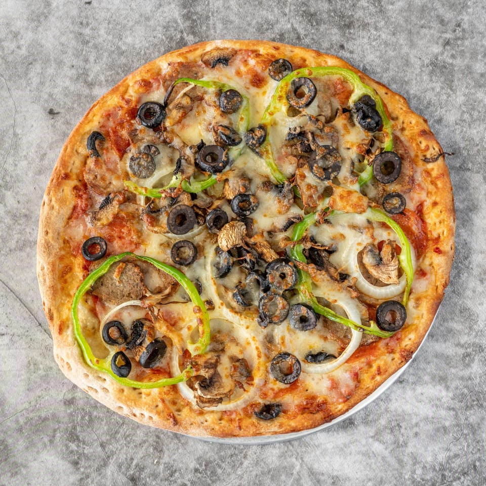 Ameci Pizza & Pasta's pizza with green peppers, black olives, onions, and mushrooms.