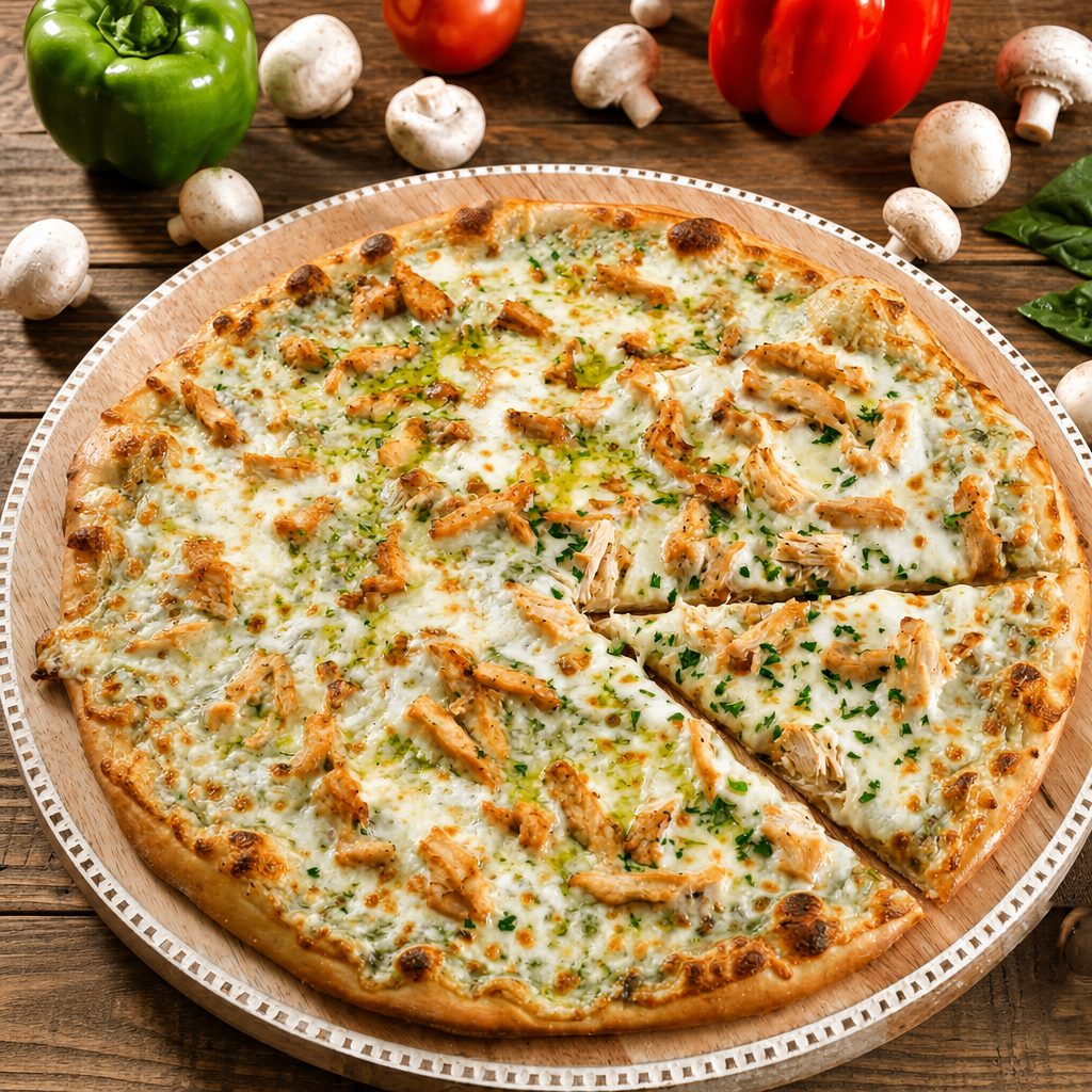 Garlic Chicken Alfredo Pizza.